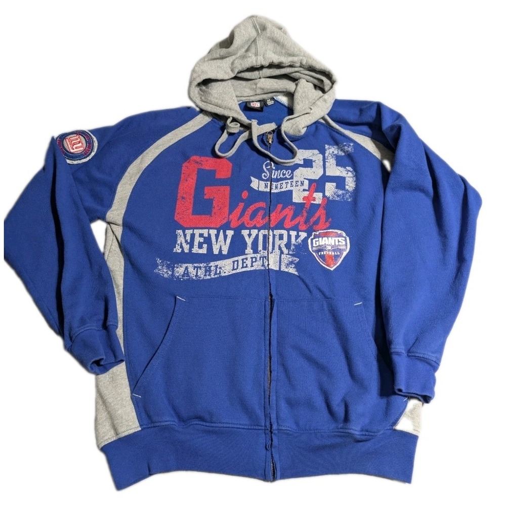 New York Giants Hoodie Mens M NFL Blue Gray Full Zip Distressed Logo Sweatshirt